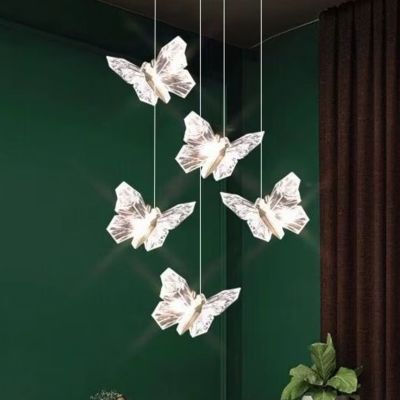 Modern Simple Acrylic Transparent Butterfly Pendant Lamp Minimalist Multihead Hanging Design for Bedroom Bedside for Room