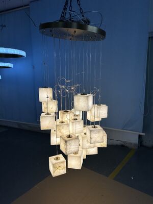 Customized Modern Luxury Square LED Brass Chandelier with Large Alabaster Pendant Adjustable Height for Living Room