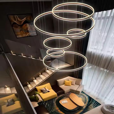 Otel Villa Merdivenler Yüksek Tavan Asılı Siyah Kahve Altın Yuvarlak Daire Yüzük Led Lustre Kolye Işık
