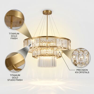 Large Round Crystal Chandelier Titanium Gold Foyer Living Room Bedroom Hotel Villa Commercial Pendant Light